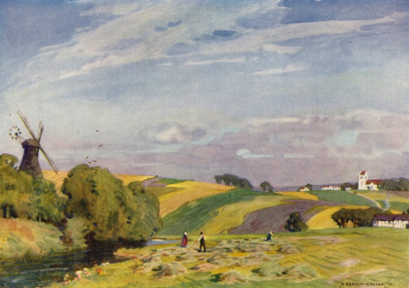 Danmark: Et typisk dansk landskab, Sønderjylland (farve litho) af Alfred Heaton Cooper