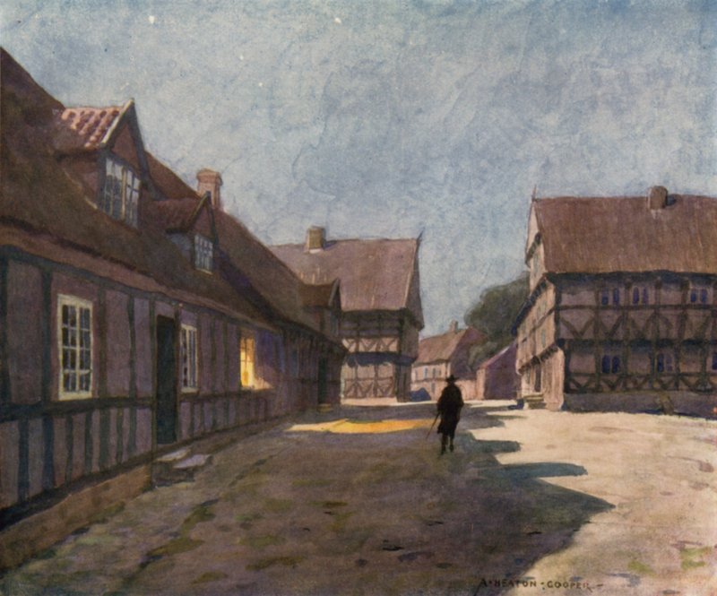Danmark: Aarhus, Den Gamle By (farve litho) af Alfred Heaton Cooper