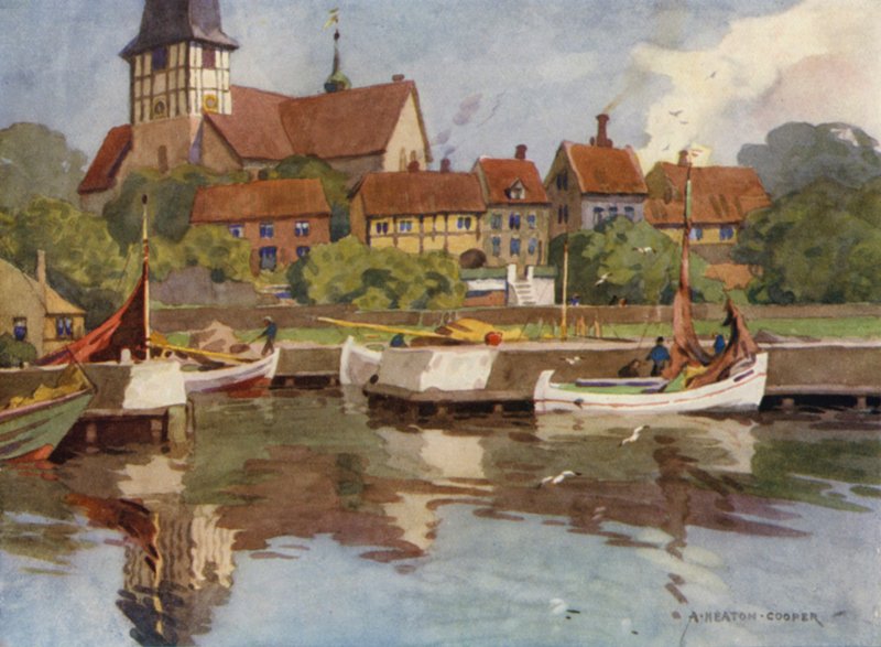 Danmark: Bornholm, Rønne Havn (farve litho) af Alfred Heaton Cooper