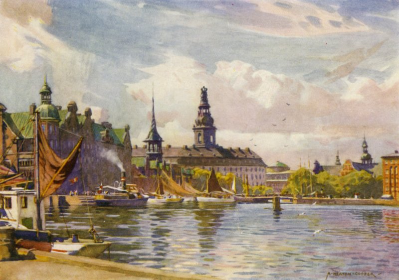 Danmark: København, Christiansborg Slot (farve litho) af Alfred Heaton Cooper