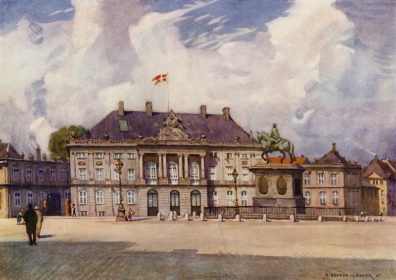 Danmark: København, Amalienborg Slot (farve litho) af Alfred Heaton Cooper