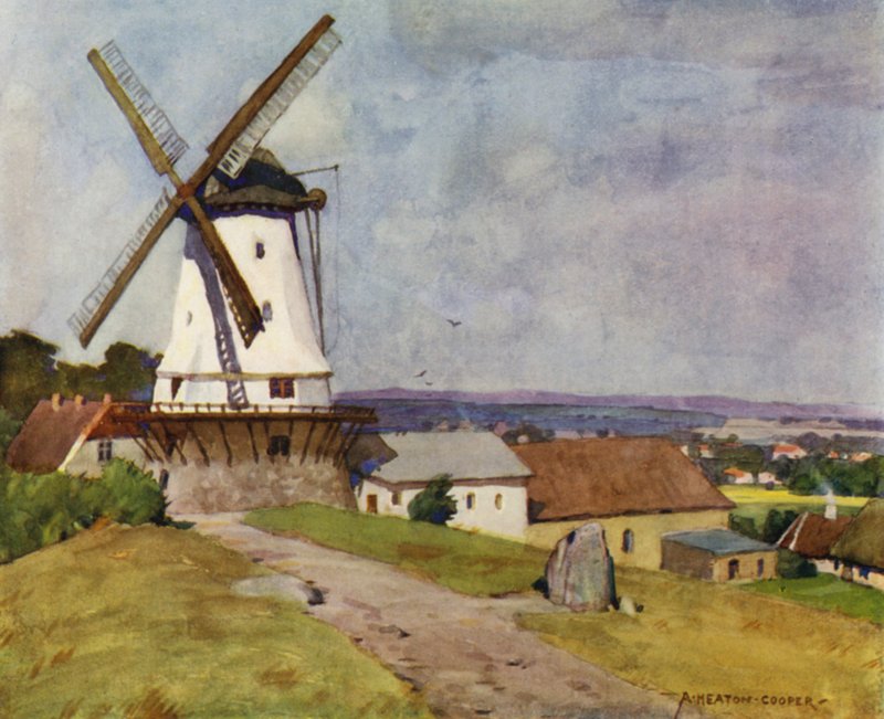 Danmark: Dybbol Mølle, Sønderborg, på slagmarken 1864 (farve litho) af Alfred Heaton Cooper