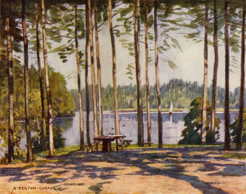 Danmark: Gribscoven, Kongens Pavillon Sø (farve litho) af Alfred Heaton Cooper