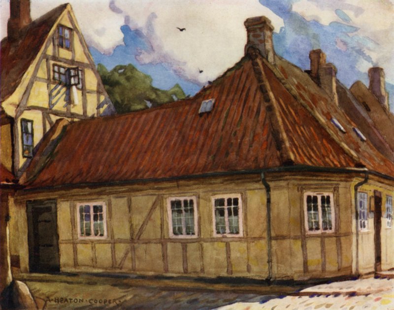 Danmark: Odense, Hans Andersens fødested (farve litho) af Alfred Heaton Cooper