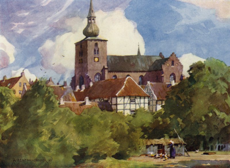 Danmark: Randers Kirke, Nordjylland (farve litho) af Alfred Heaton Cooper