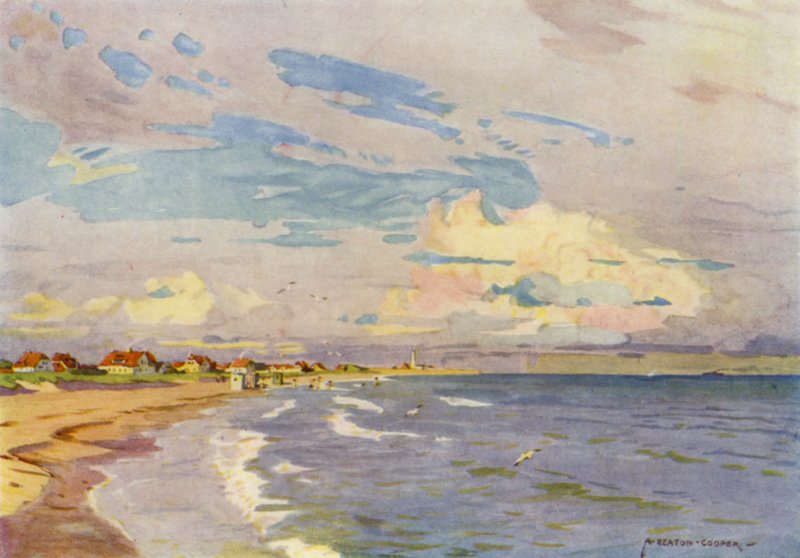 Danmark: Skagen, Badning om aftenen (farve litho) af Alfred Heaton Cooper