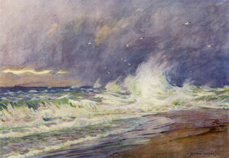 Danmark: Skagen, mødet mellem Nordsøen og Kattegat (farve litho) af Alfred Heaton Cooper