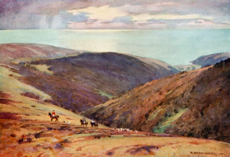 Jagt kronhjort på Exmoor, Vale of Porlock (farve litho) af Alfred Heaton Cooper
