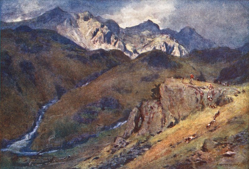 Lake District: A Fell Fox-hunt, Head of Eskdale and Scawfell (farvelitografi) af Alfred Heaton Cooper