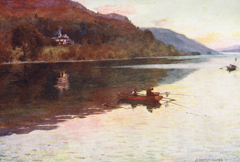 Lake District: Brantwood, Coniston Lake, fiskeri efter ørred (farvelitografi) af Alfred Heaton Cooper