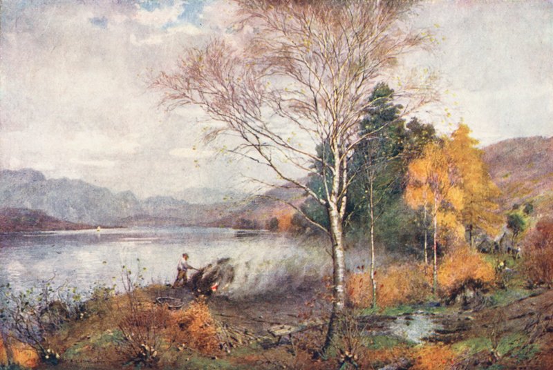 Lake District: Trækulsbrændere, Coniston Lake (farvelitografi) af Alfred Heaton Cooper