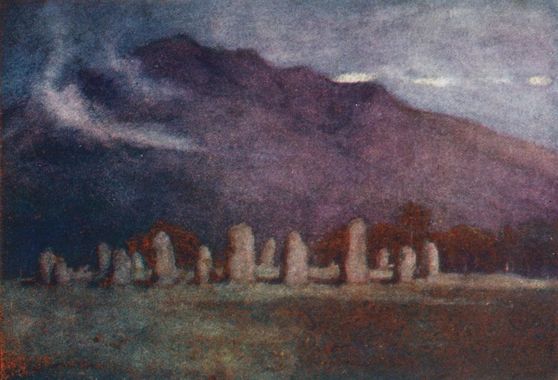 Lake District: Druid Circle, nær Keswick, måneskin (farvelitografi) af Alfred Heaton Cooper
