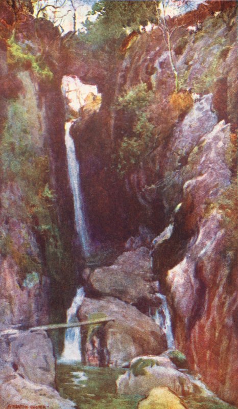 Lake District: Dungeon Ghyll Force, Langdale (farvelitografi) af Alfred Heaton Cooper
