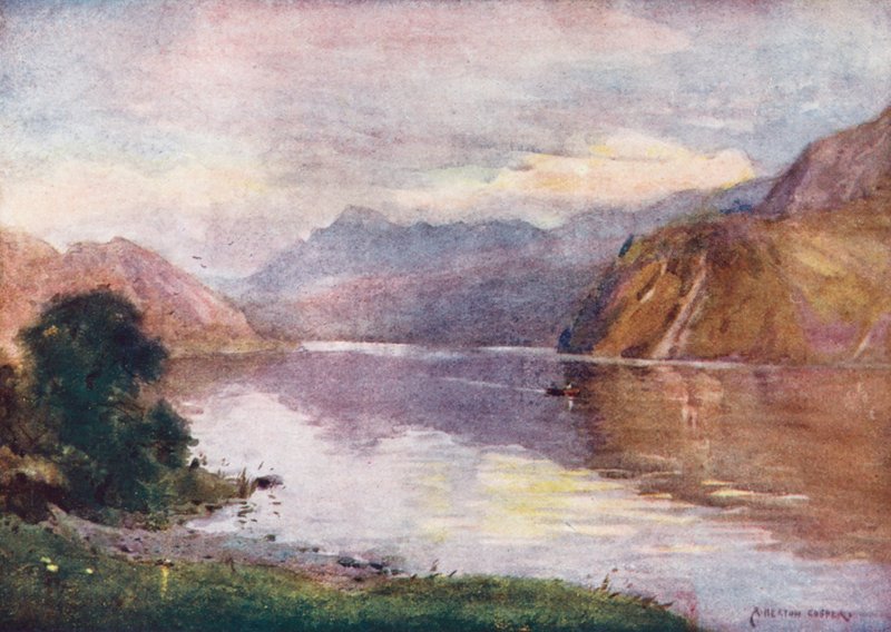 Lake District: Ennerdale Lake ved solnedgang (farvelitografi) af Alfred Heaton Cooper