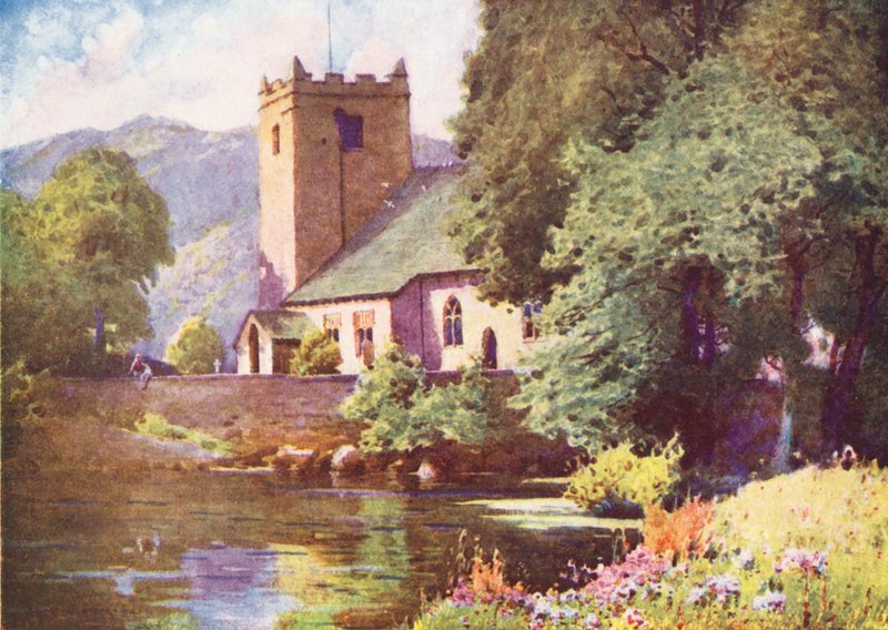 Lake District: Grasmere Church (farvelitografi) af Alfred Heaton Cooper