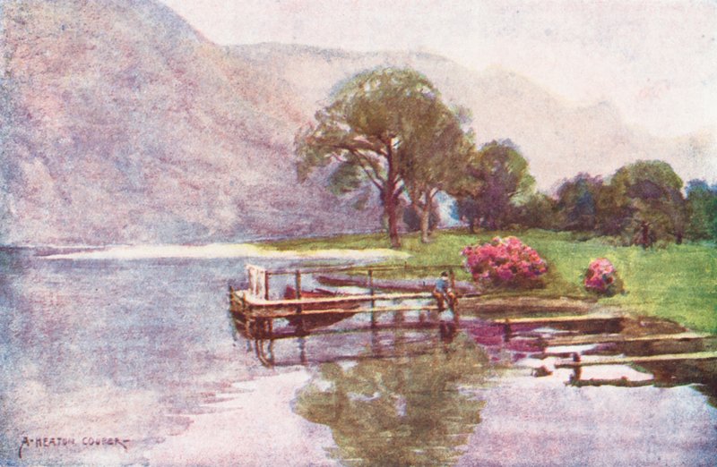 Lake District: Diset tusmørke, Head of Ullswater (farvelitografi) af Alfred Heaton Cooper