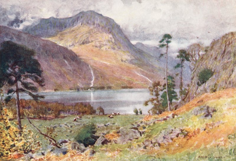 Lake District: Hovedet af Buttermere (farvelitografi) af Alfred Heaton Cooper