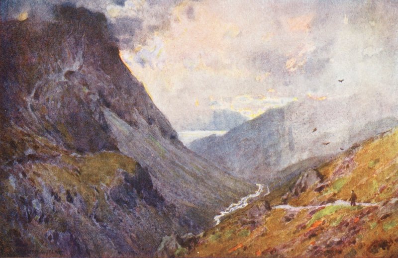 Lake District: Honister Pass og Buttermere (farvelitografi) af Alfred Heaton Cooper