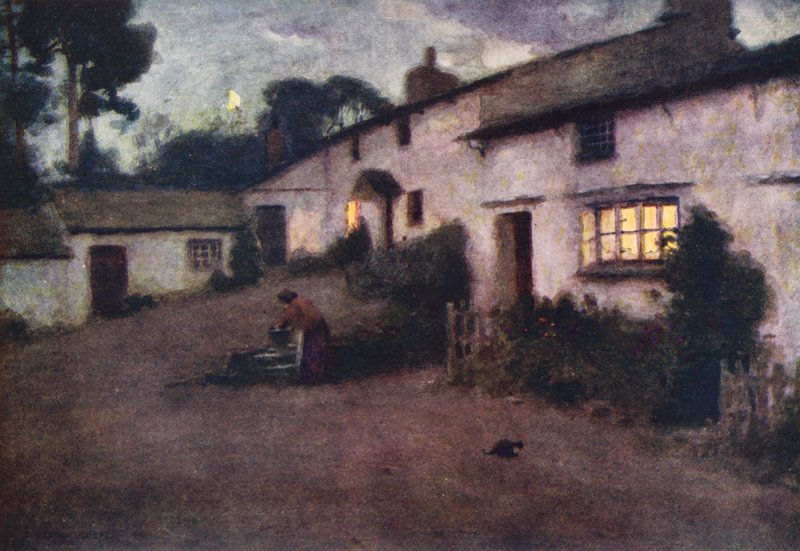Lake District: Moonlight and Lamplight, Coniston (farvelitografi) af Alfred Heaton Cooper