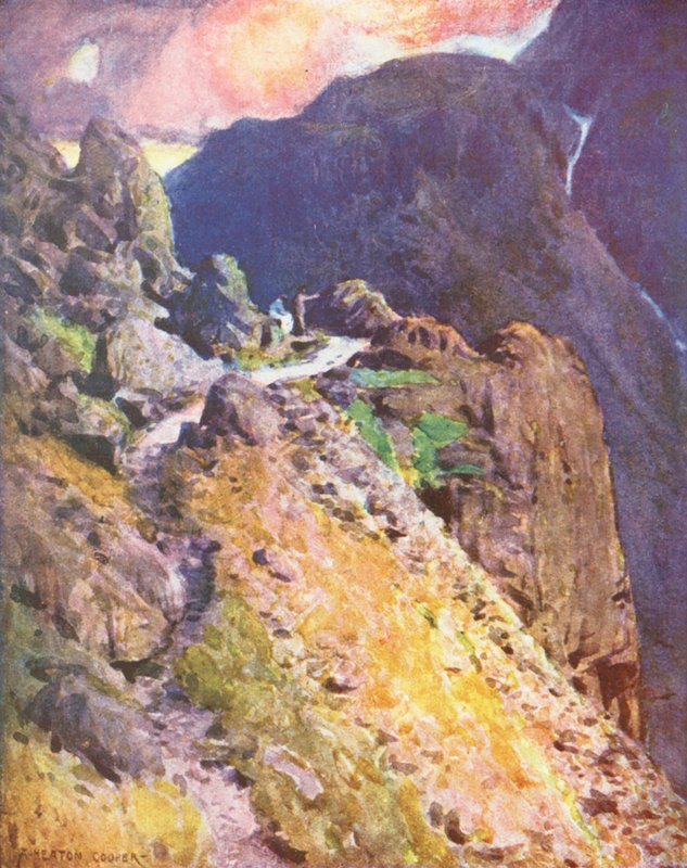 Lake District: Nærmer sig toppen af Styhead Pass, Wastdale (farvelitografi) af Alfred Heaton Cooper