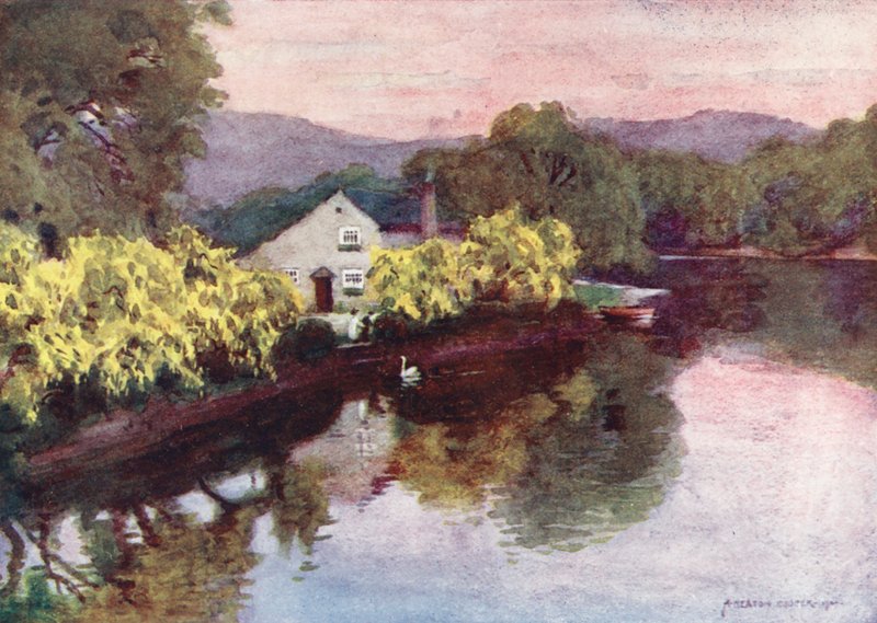 Lake District: Gamle guldregn ved Newby Bridge, Windermere (farvelitografi) af Alfred Heaton Cooper