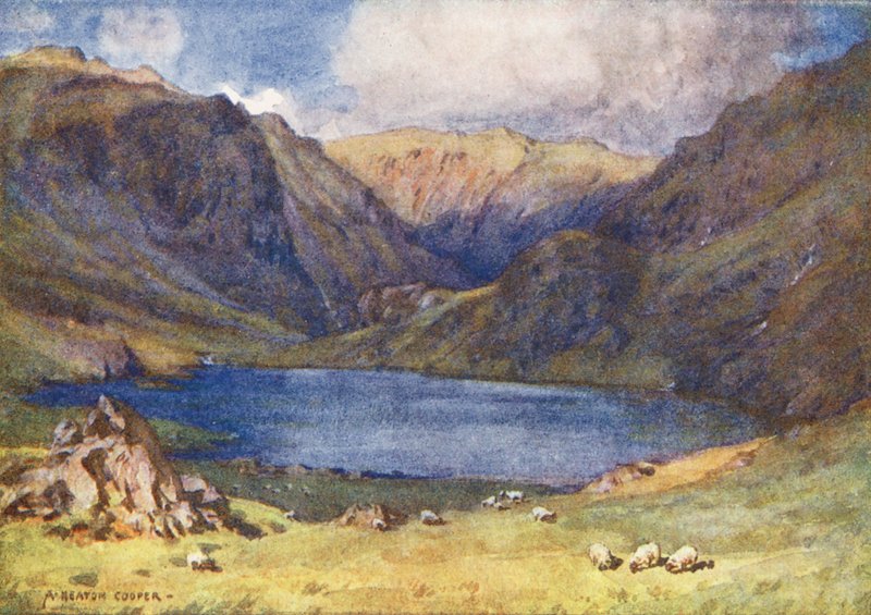 Lake District: Seathwaite Tarn, Duddon Valley (farvelitografi) af Alfred Heaton Cooper