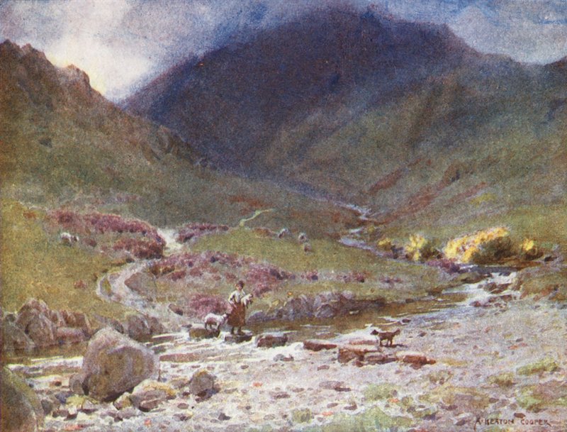 Lake District: Stepping-stones, Far Easedale, Grasmere (farvelitografi) af Alfred Heaton Cooper