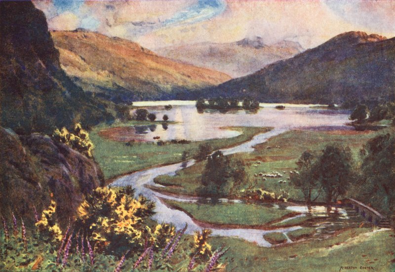 Lake District: Solnedgang, Rydal Water (farvelitografi) af Alfred Heaton Cooper