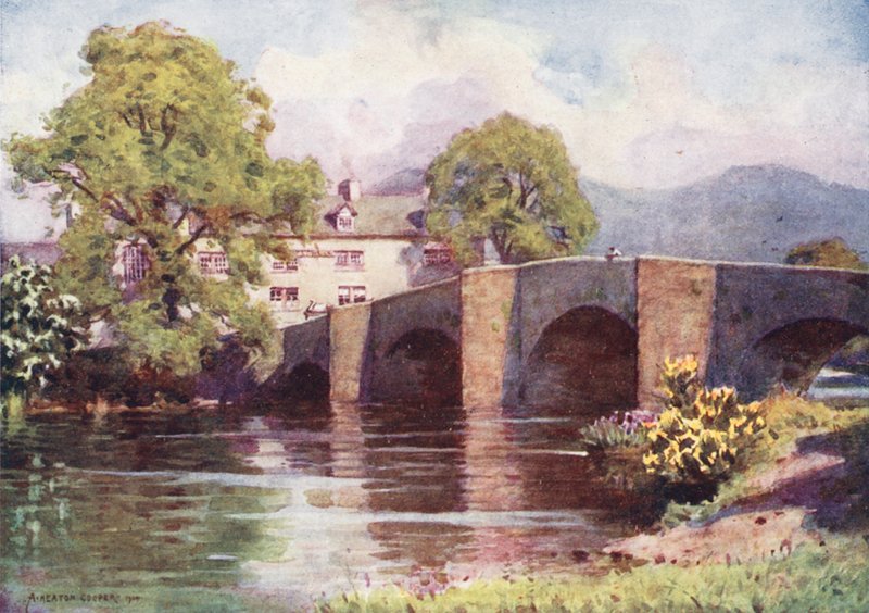 Lake District: Swan Inn, Newby Bridge, Windermere (farvelitografi) af Alfred Heaton Cooper