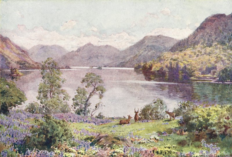 Lake District: Ullswater, fra Gowbarrow Park, en varm junimorgen (farvelitografi) af Alfred Heaton Cooper