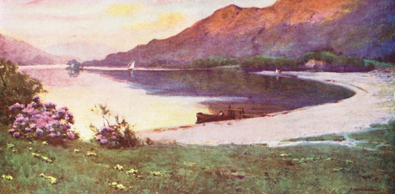 Lake District: Ullswater, Silver Strand, efterglød (farvelitografi) af Alfred Heaton Cooper