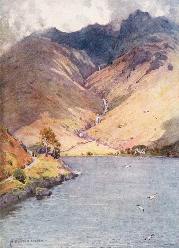 Lake District: Wastwater og Scawfell (farvelitografi) af Alfred Heaton Cooper