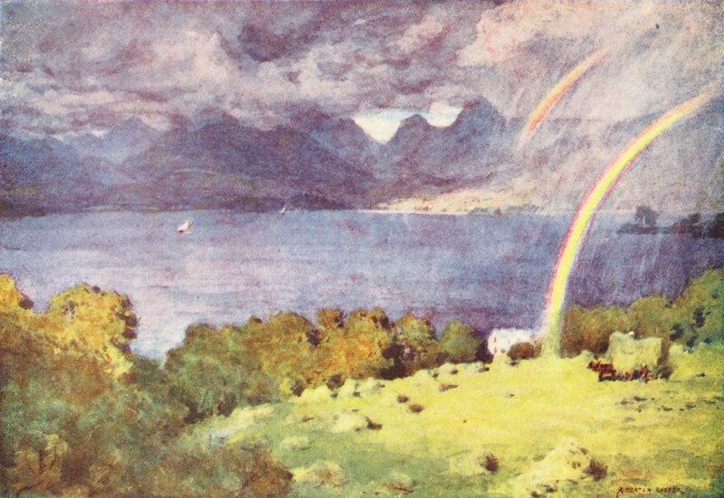 Lake District: Windermere og Langdale Pikes, fra Lowwood (farvelitografi) af Alfred Heaton Cooper