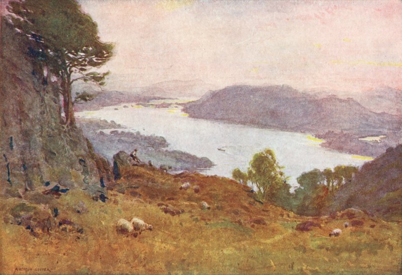 Lake District: Windermere fra Wansfell, solnedgang (farvelitografi) af Alfred Heaton Cooper