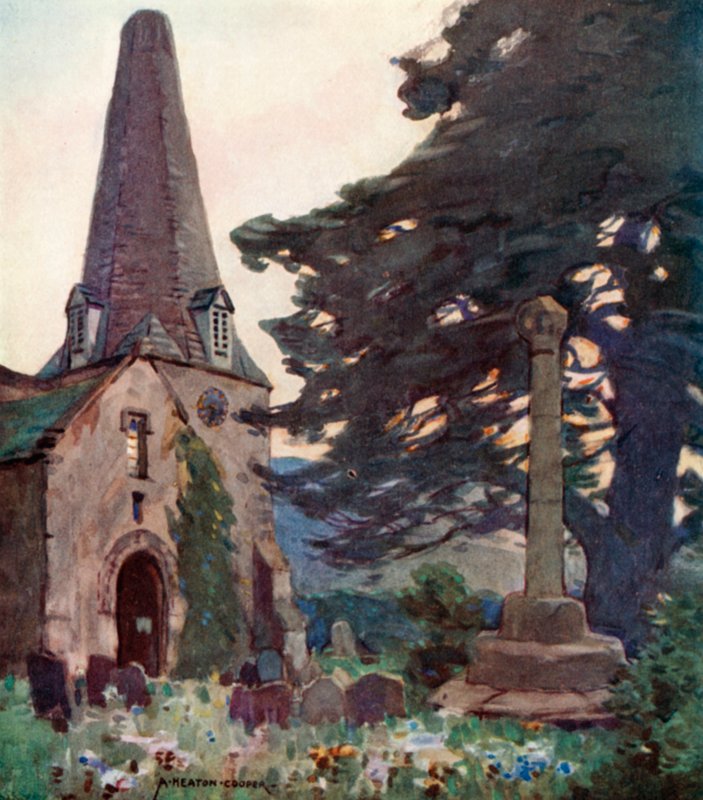 Porlock kirke og kors (farve litho) af Alfred Heaton Cooper