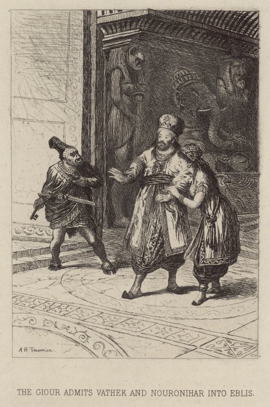 Giouren indrømmer Vathek og Nouronihar i Eblis (ætsning) af Alfred Holst Tourrier