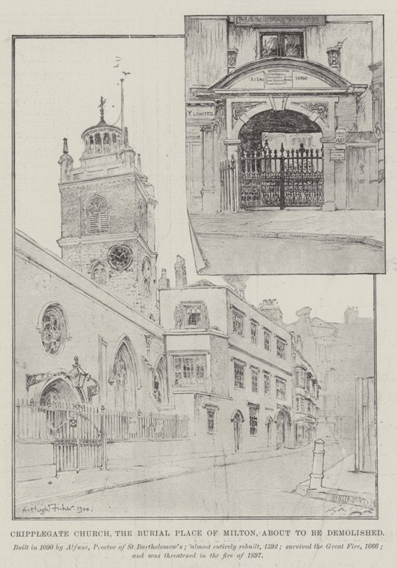 Cripplegate Church, Miltons gravsted, er ved at blive revet ned af Alfred Hugh Fisher