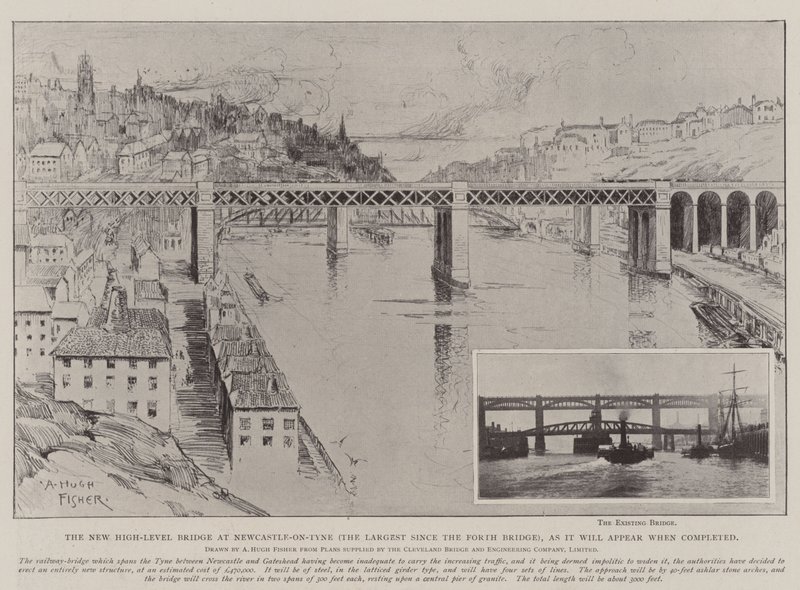 Den nye højniveaubro ved Newcastle-on-Tyne (den største siden Forth Bridge), som den vil se ud, når den er færdig af Alfred Hugh Fisher