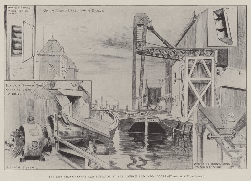 Det nye silokornmagasin og elevator ved London og Indien Docks af Alfred Hugh Fisher