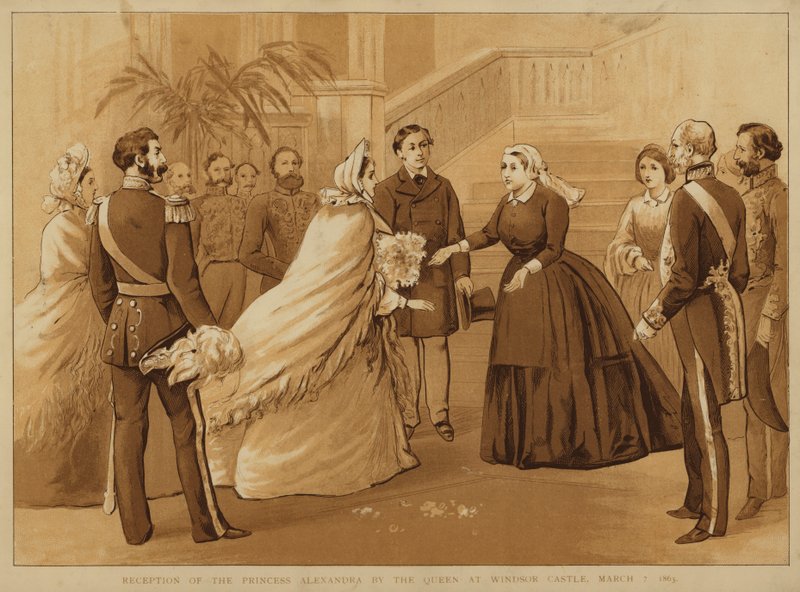 Modtagelse af prinsesse Alexandra af dronning Victoria på Windsor Castle, 7. marts 1863 (chromolitho) af Alfred Johnson
