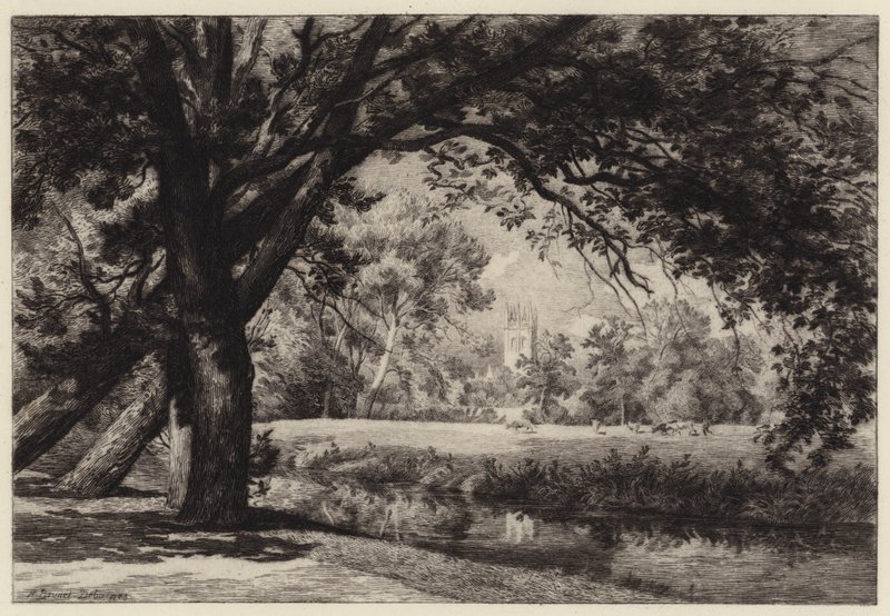 Magdalen Tower fra Christ Church Meadows af Alfred Louis Brunet Debaines