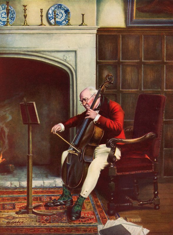 A Difficult Passage - mand øver på cello foran bålet (farve litho) af Alfred Lyndon Grace