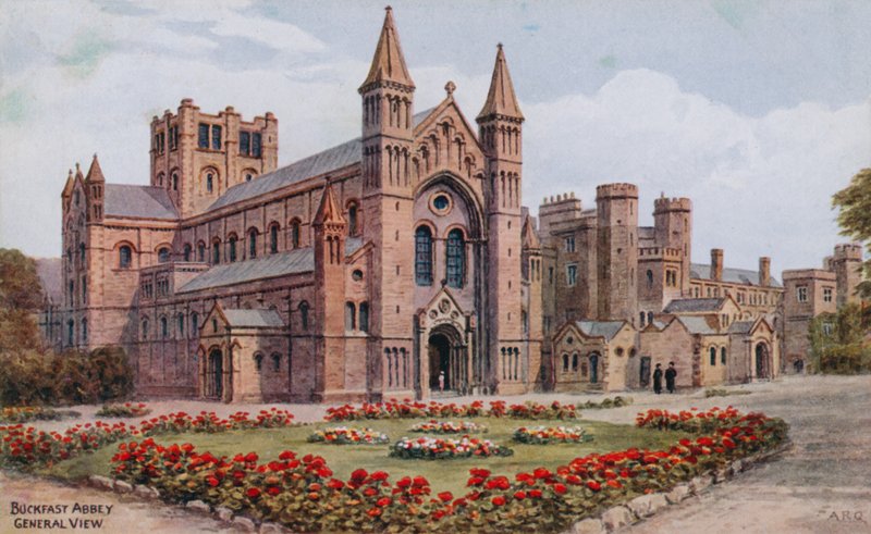 Buckfast Abbey, General View (farve litho) af Alfred Robert Quinton