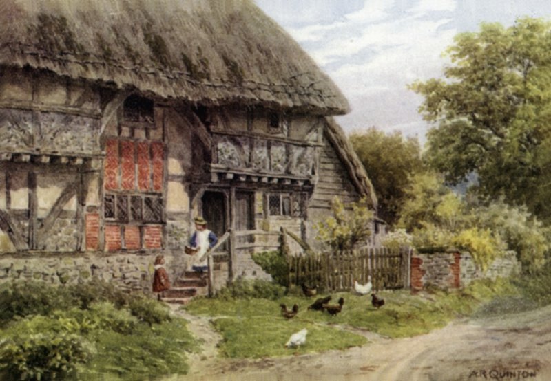 Old Cottage, Bignor, Sussex (farve litho) af Alfred Robert Quinton