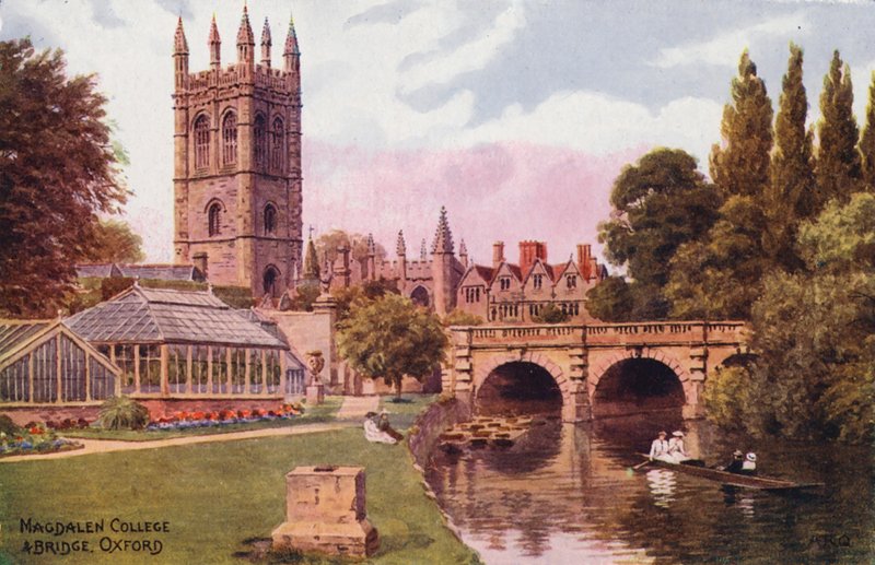 Oxford: Magdalen College og Bridge (farvelitografi) af Alfred Robert Quinton