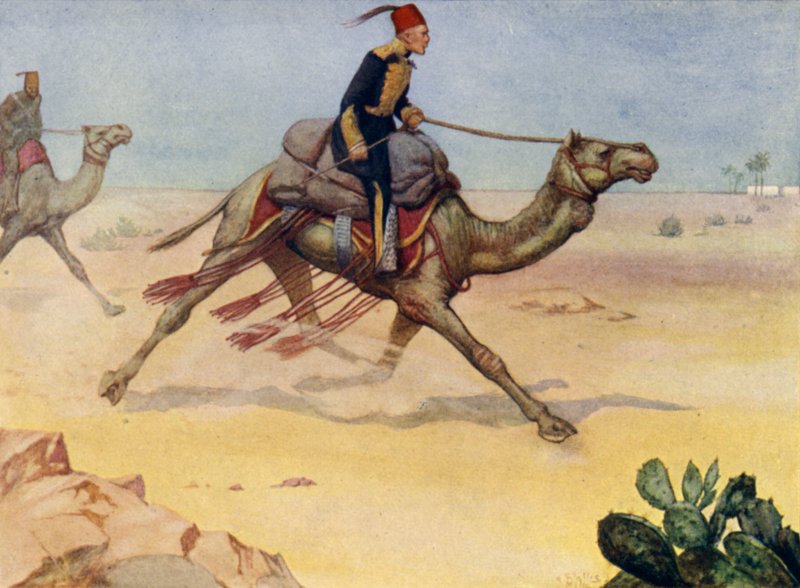 Den britiske general Charles George Gordon galopperer over Sahara-ørkenen på en kamel af Alfred Wallis Mills