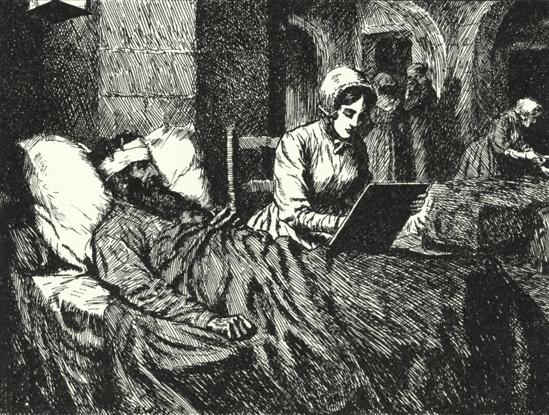 Den engelske sygeplejerske Florence Nightingale skriver et brev til en soldat, der blev såret i Krim-krigen på hospitalet i Scutari, 1855 af Alfred Wallis Mills