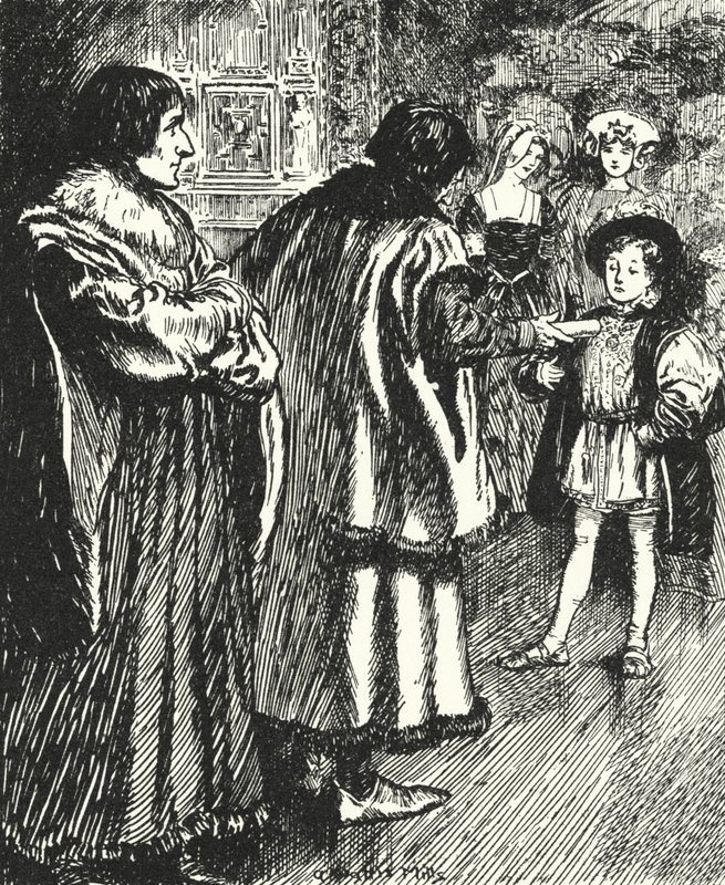 Erasmus ser Sir Thomas More præsentere et digt, han havde skrevet til den unge prins Henrik, den fremtidige kong Henrik VIII af Alfred Wallis Mills