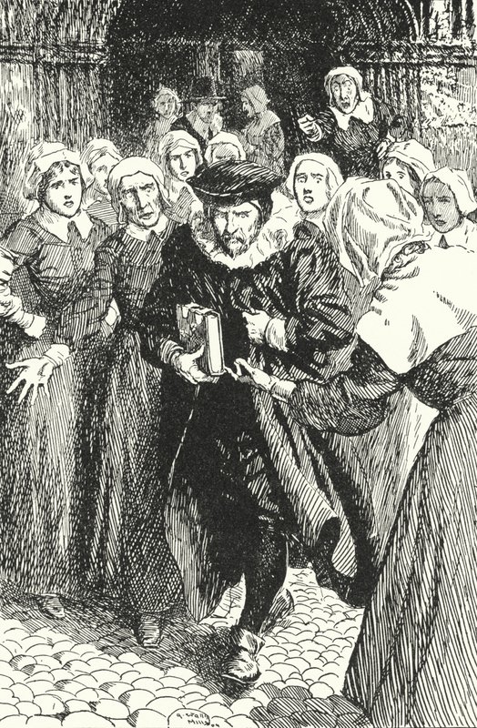 Den skotske præst William Annand fordømt af kvinderne i Edinburgh for at prædike fra den nye bønnebog i St Giles Cathedral, 1637 af Alfred Wallis Mills