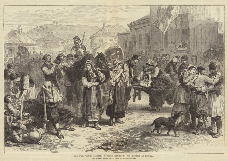 Krigen, kvinder, der bærer sårede soldater til hospitalet i Ivanitza af Alfred William Hunt